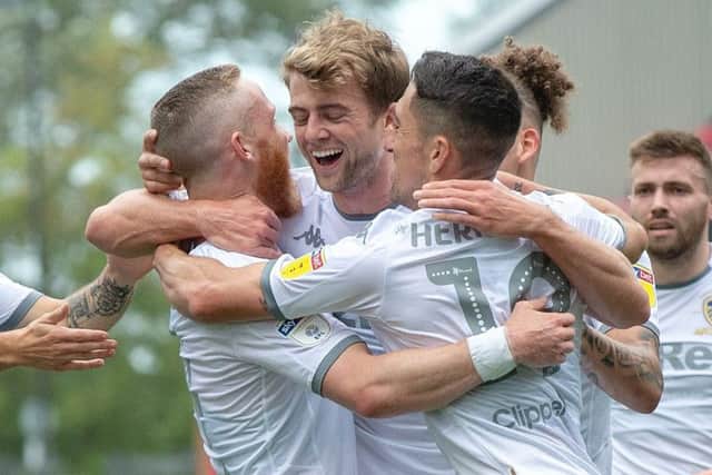 Patrick Bamford celebrates his opening goal at Wigan Athletic.