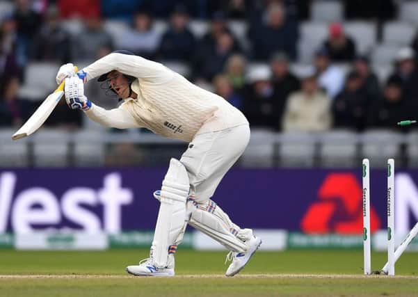 Jason Roy is clean bowled by Josh Hazlewood at Old Trafford. Picture: Gareth Copley/Getty Images