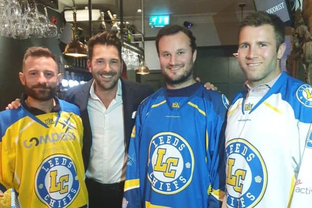 MEET THE TEAM: Player-coach Sam Zajac, left, Luke Boothroyd, second right and James Archer, show off Leeds Chiefs jerseys for the 2019-20 NIHL National campaign.