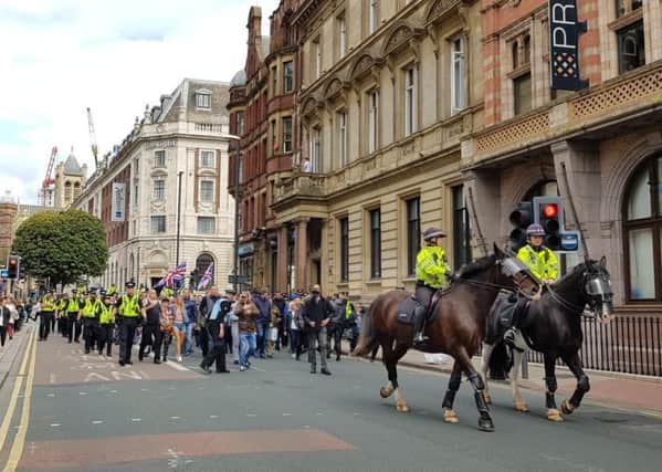 A protest by supporters of Tommy Robinson in Leeds city centre. Pic by YEP reporter Abbey Maclure.