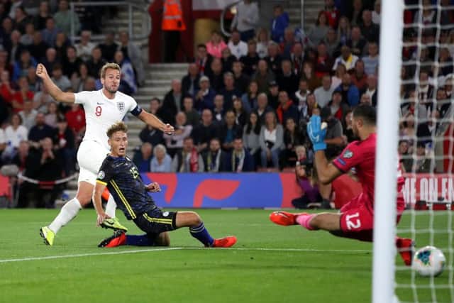 England's Harry Kane scores his side's second goal against Kosovo.