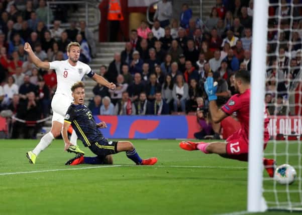 England's Harry Kane scores his side's second goal against Kosovo.