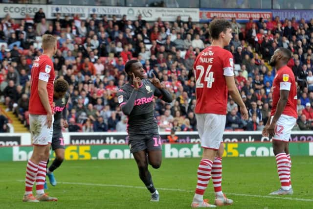 Leeds United's Eddie Nketiah celebrates at Oakwell.