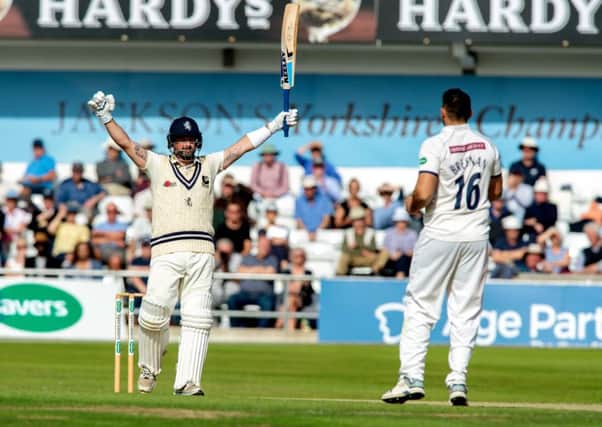 JUST FOR STARTERS: Darren Stevens celebrates reaching his hundred for Kent against Yorkshire at Headingley on Monday - going on to score 237. 
Picture: Bruce Rollinson