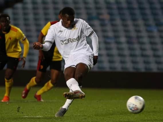 Leeds United's Eddie Nketiah converts from the spot against Watford. (Credit: LUFC)