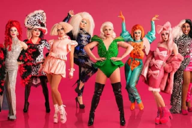 RuPaul's Drag Race UK, with Divina De Campo on the far left. Credit: BBC/ Leigh Keily / Matt Burlem.