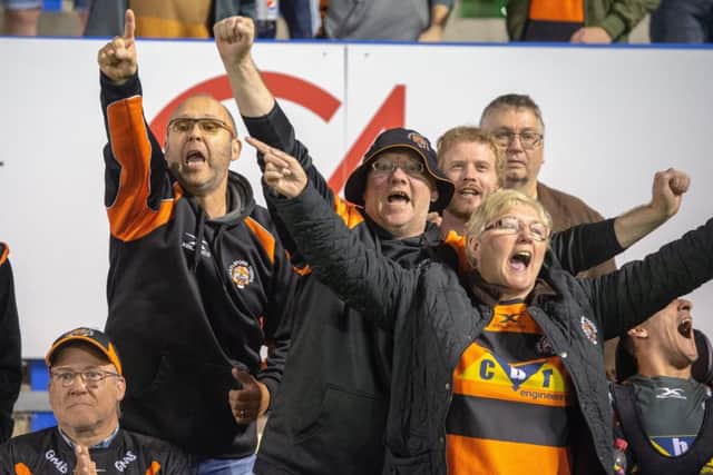 Castleford Tigers fans celebrate at full time after beating Warrington Wolves 14-12.
 
Picture: Bruce Rollinson
