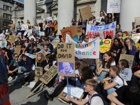 Climate Strike protest in Millennium Square in Leeds city centre.