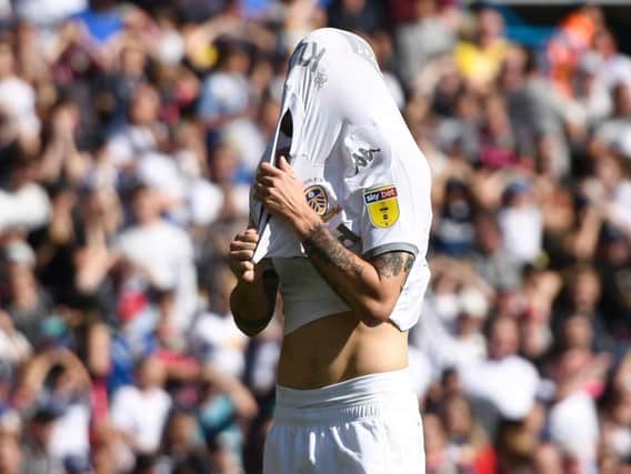 COSTLY MISS: Leeds United midfielder Mateusz Klich after seeing his penalty roll the wrong side of the post. Photo by George Wood/Getty Images.