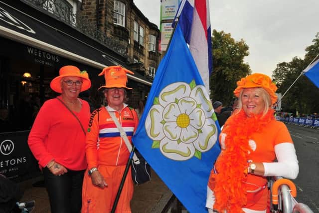 Dutch fans with a Yorkshire flag, from left: Marianne U.Schie, Hermann Pruisken and Martine De Wit. Picture b y Gerard Binks.