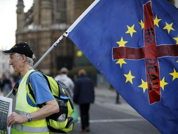 A demonstrator carries a flag as he walks near the Houses of Parliament in central London. Photo: TOLGA AKMEN/AFP/Getty Images