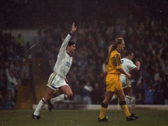 Gary Speed celebrating scoring for Leeds in 1991.