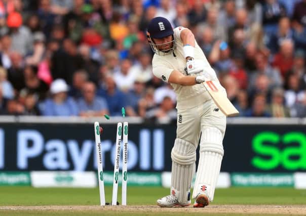 DROPPED: England's Jonny Bairstow is bowled by Australia's Mitchell Starc at Old Trafford. Picture: Mike Egerton/PA