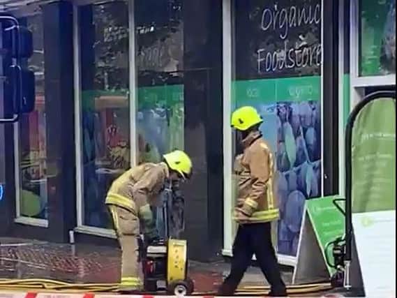 Firefighters at Out Of This World organic food shop in Leeds city centre (Photo and video: Joanne Thackray)