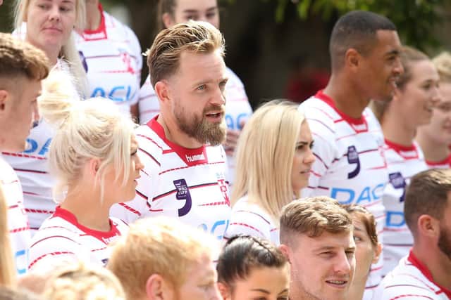 England's Blake Austin with Reece Lyne (far right) at World Cup Nines launch in Sydney. (Photo by Jason McCawley/Getty Images)