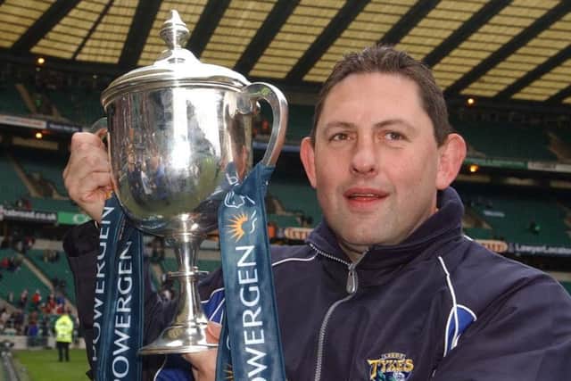 Leeds Tykes coach Phil Davies with the Powergen Cup in 2005.