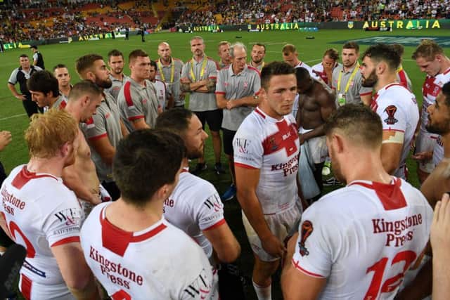 England's Sam Burgess speaks to his team after the final of the 2017 Rugby League World Cup at the Suncorp Stadium, Brisbane. Picture: Grant Trouvilles/NRL Imagery/PA.