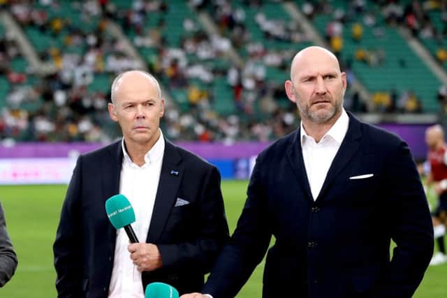 Sir Clive Woodward and Lawrence Dallaglio prictured working pitchside working for ITV in Japan. Picture: David Davies/PA