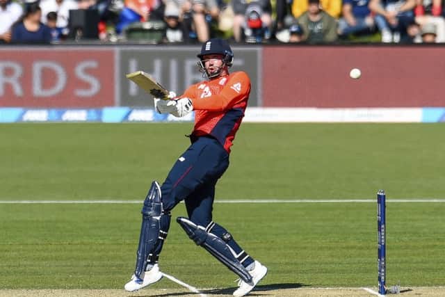 England's James Vince pulls to the leg side during the T20 international against New Zealand at Hagley Oval. Picture: Martin Hunter/Photosport via AP