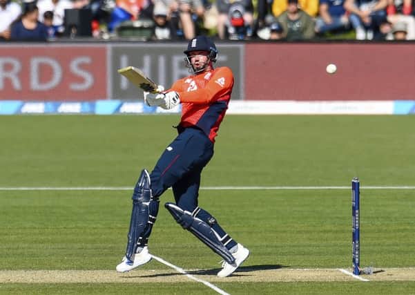 England's James Vince pulls to the leg side during the T20 international against New Zealand at Hagley Oval. Picture: Martin Hunter/Photosport via AP