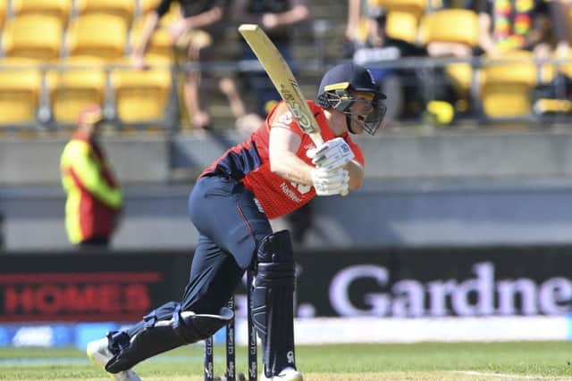 FRUSTRATION: England captain Eion Morgan bats against New Zealand in Wellington on Sunday. Picture: AP/Ross Setford.
