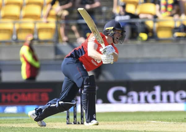 FRUSTRATION: England captain Eion Morgan bats against New Zealand in Wellington on Sunday. Picture: AP/Ross Setford.