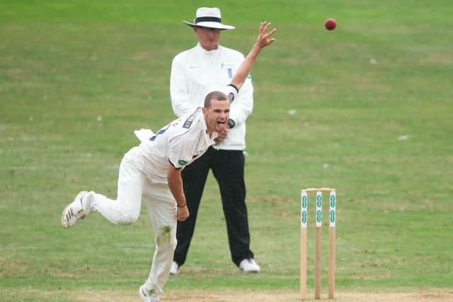 BACK IN TRAINING: Yorkshire spin bowler Josh Poysden in action at Scarboroughs North Marine Road. He missed the final part of last season due to a freak accident, but is now back in training and hoping to play in New Zealand over the winter. Picture: Alex Whitehead/SWpix.com