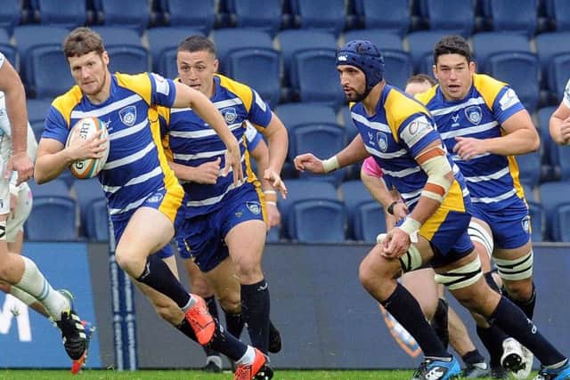 Yorkshire Carnegie's rugby league convert Ryan Shaw on the break against Bedford. Picture: Steve Riding.