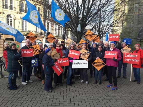 Labour and Lib Dem supporters met in Harrogate town centre at 12:30pm to express their support for the #UnitedAgainstJohnson campaign.