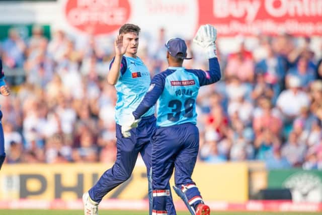 Yorkshire's Jordan Thompson celebrates dismissing Lancashire's Alex Davies during a T20 Blast clash at Headingley earlier this year. Picture: Allan McKenzie/SWpix.com