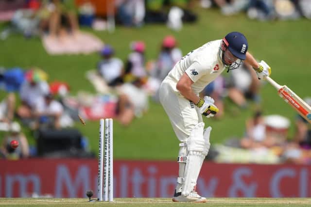 GOT HIM: England's Jonathan Bairstow is bowled by Anrich Nortje on day two in Pretoria. Picture: Stu Forster/Getty Images