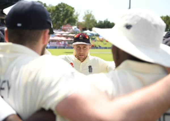 NOW HEAR THIS: England captain Joe Root gathers his players ahead of South Africas second innings on day two of the first Test match in Pretoria. Picture: Stu Forster/Getty Images.