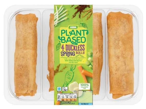 Asda's new vegan range includes Duckless Spring Rolls, Cheese and Chive Potato Skins, and Smoky Tofu Burritos.