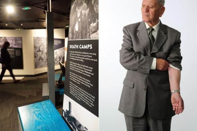 Arek Hersh showing his tattoo from Auschwitz. Picture: Simon Hulme.