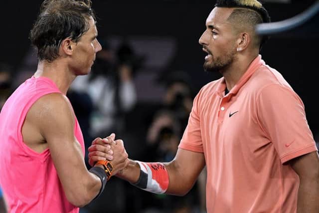 RESPECT DUE: Rafael Nadal shakes hands with Nick Kyrgios after their encounter in Melbourne. Picture: AP/Andy Brownbill