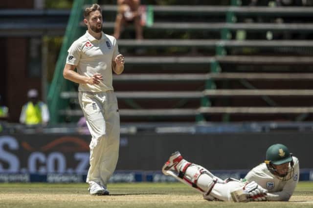 HIGH TIMES: Chris Woakes, left, watches South Africa's batsman Rassie van der Dussen evades a bouncer on day four at the Wanderers. Picture: AP/Themba Hadebe