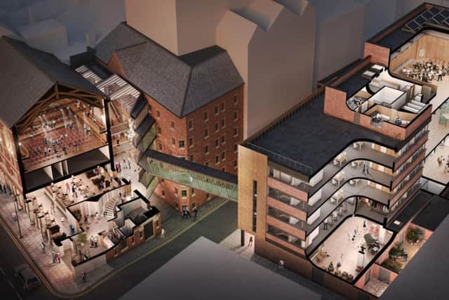 An architect's visualisation of the redeveloped Opera North estate, showing the Howard Assembly Room, new restaurant, box office and atrium on the left and the Howard Opera Centre on the right. Credit: Opera North.