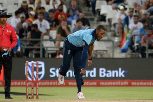 BACK IN THE GROOVE: England's Chris Jordan bowls during Tuesday's ODI defeat to South Africa. Picture: Rodger Bosch/AFP via Getty Images)