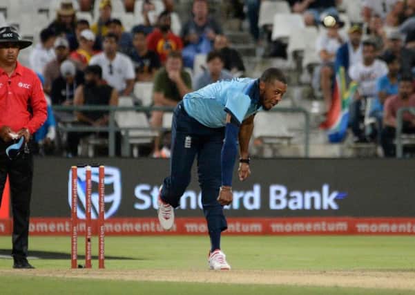 BACK IN THE GROOVE: England's Chris Jordan bowls during Tuesday's ODI defeat to South Africa. Picture: Rodger Bosch/AFP via Getty Images)