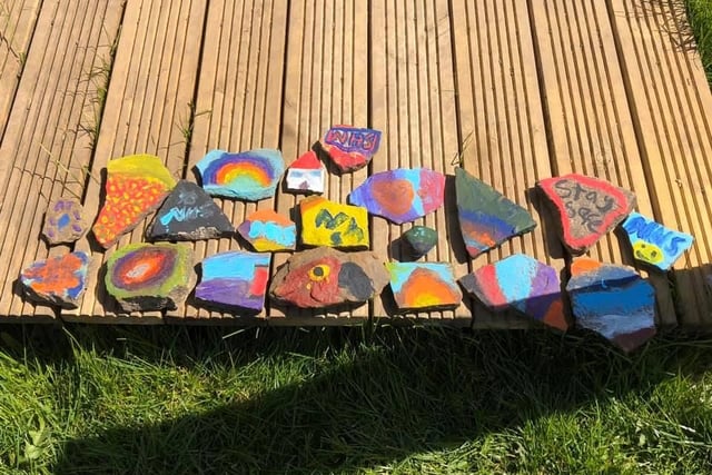 Calverley CE School key workers children collected, decorated and then placed the stones in Calverley Woods to raise a smile for those on their daily walk. From Tracy Haigh