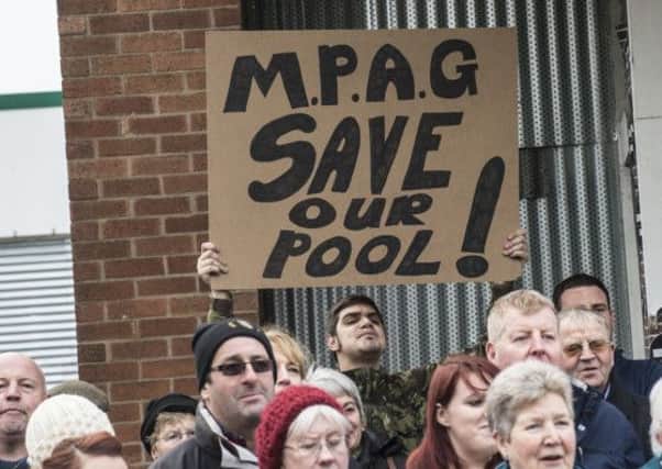 Protestors outside Minsthorpe swimming pool earlier this month