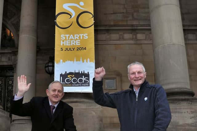 Leeds City Council leader Keith Wakefield (left) and the council's cycling champion Coun Roger Harington outside Leeds Town Hall