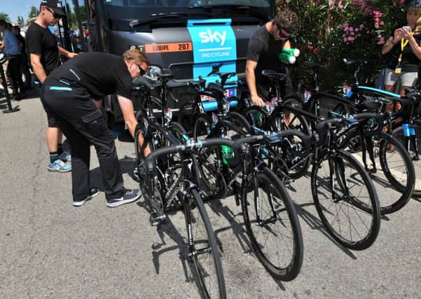 Team Sky prepare bikes at the start of Stage 6 of the 2013 Tour de France from Aix en Provence to Montpellier.  4 July 2013. (Picture: Bruce Rollinson).