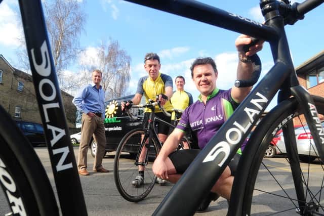 Supporting the pedalthon challenge are Paul Berwin, of Berwins Solicitors, Mark Woodward, of Earthmill wind turbines, and Andrew Crowther, of Crowther Turnbull Booth chartered building surveyors , and David Aspland, of Carter Jonas.