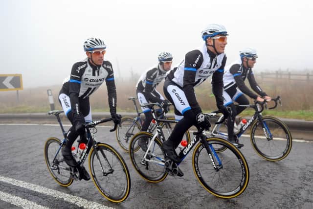 Marcel Kittel and his Team Giant-Shimano colleagues ride Stage 2 of the 2014 Tour De France route, Holme Moss.