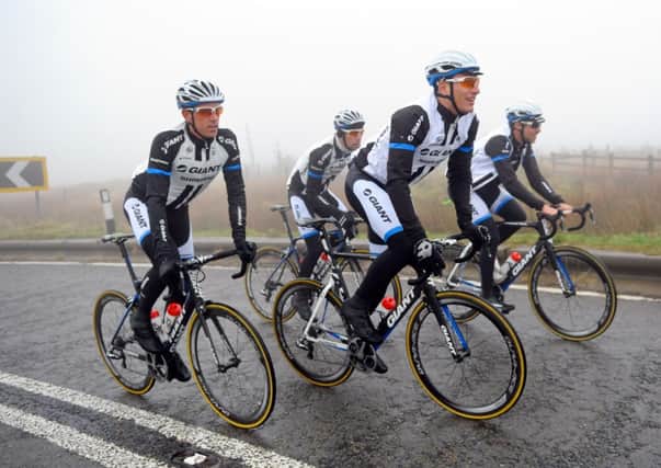 Marcel Kittel and his Team Giant-Shimano colleagues ride Stage 2 of the 2014 Tour De France route, Holme Moss.