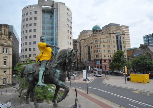 The Black Prince statue in Leeds wearing a yellow jersey thanks to elderly members of Holt Park Active.