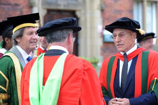 Sir Patrick Stewart chats to chancellor of the University of Leeds Melvyn Bragg (left).
