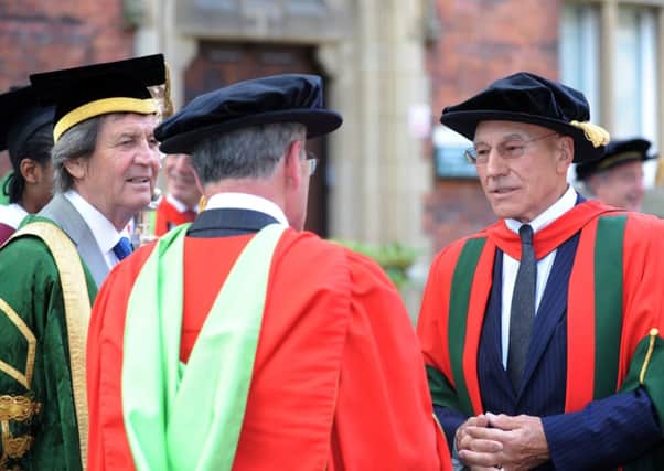 Sir Patrick Stewart chats to chancellor of the University of Leeds Melvyn Bragg (left).