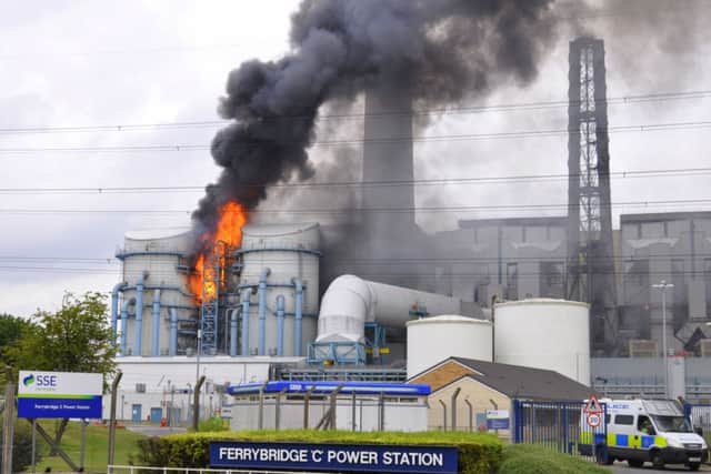 The blaze at Ferrybridge C Power Station.  Picture: Matthew Merrick Photography. Below: Twitter pictures from Sammy Holmes and Suzanne Palmer